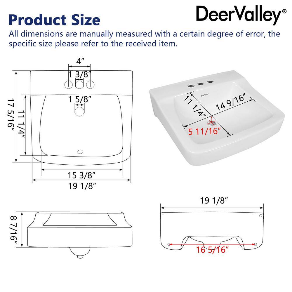 19'' White Ceramic Wall-Mount Bathroom Sink with Faucet Hole