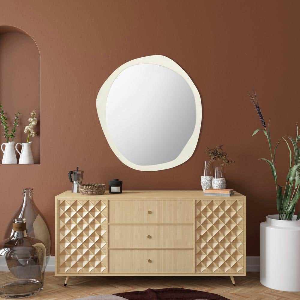 Playful Ivory Organic Border 29" Round Wood Frame Mirror