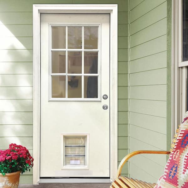 31-3/4 in. x 79 in. Reliant Series Clear 9-Lite White Primed Fiberglass Front Door Slab with Large Pet Door