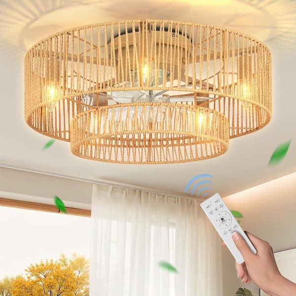 ARISKEEN 20 in. Indoor Khaki Kraft Paper Rope Cage Ceiling Fan with Lights and Remote Control, Flush Mount Fandalier for Bedroom