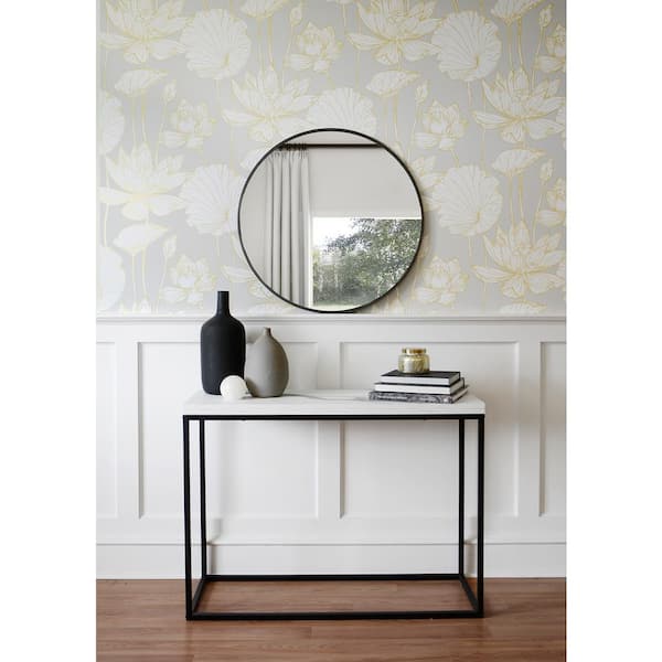 56 sq. ft. Metallic Gold and Grey Water Lily Floral Unpasted Nonwoven Wallpaper Roll