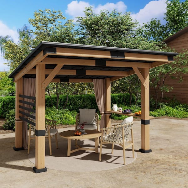 12 ft. x 10 ft. Cedar Wood Gazebo with Galvanized Steel Roof, Ceiling Hook for Patio, Privacy Curtains