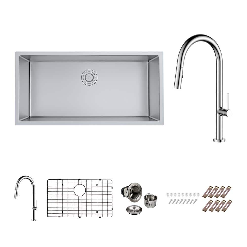 Bryn Stainless Steel 16- Gauge 36 in. Single Bowl Undermount Kitchen Sink with Modern Faucet, Bottom Grid, Drain -  PELHAM & WHITE, PWS161-D