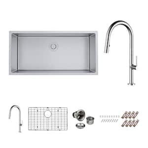 Bryn Stainless Steel 16- Gauge 36 in. Single Bowl Undermount Kitchen Sink with Modern Faucet, Bottom Grid, Drain