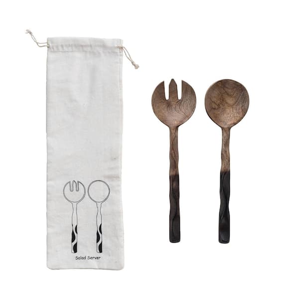 Storied Home 2-Piece French Mango Wood Salad Servers with Drawstring Bag