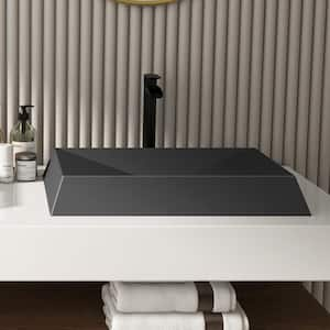 Concrete Rectangular Bathroom Vessel Sink Art Basin in Black Earth with X-Diversion Line and The Same Color Drainer