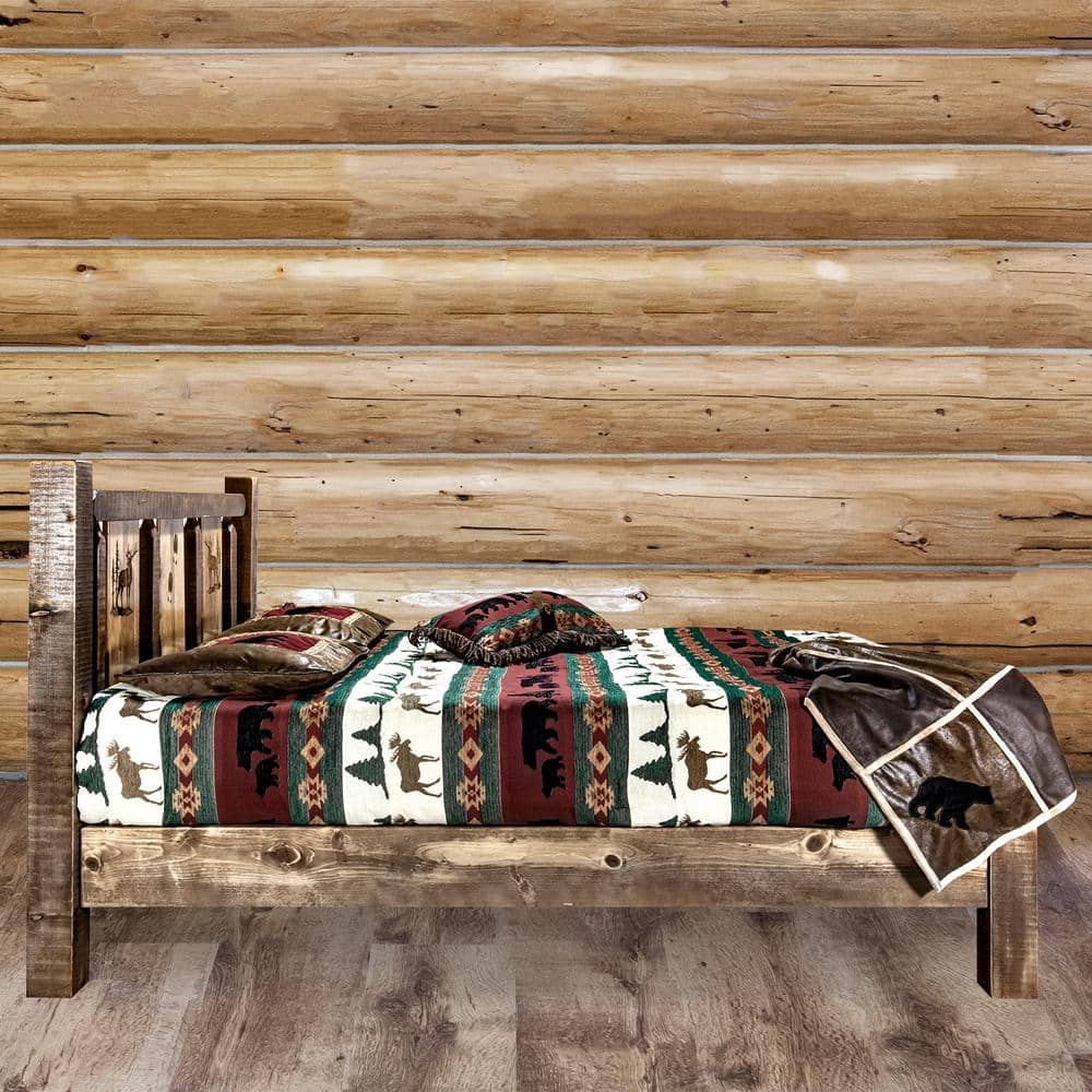 King Brown Pine Wood Upholstered Platform Bed with Headboard