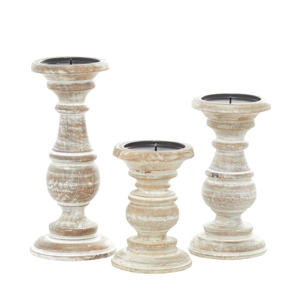 Winter Elegance Cream Mango Wood Pillar Candlestick Trio