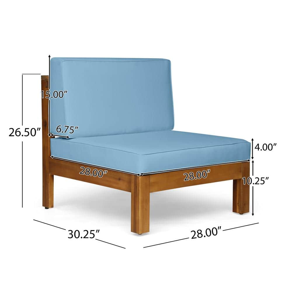 Teak Brown 5-Seater Acacia Wood Outdoor Sectional Sofa with Blue Cushions