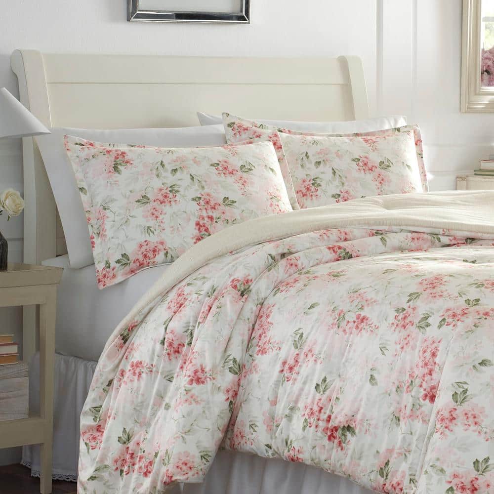 Laura Ashley Wisteria 3-Piece Pink Floral Plush Microfiber King Comforter Set - 3
