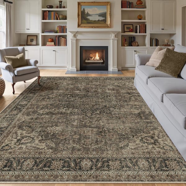 Kerman Brown 8 ft. x 10 ft. Vintage Medallion Distressed Area Rug