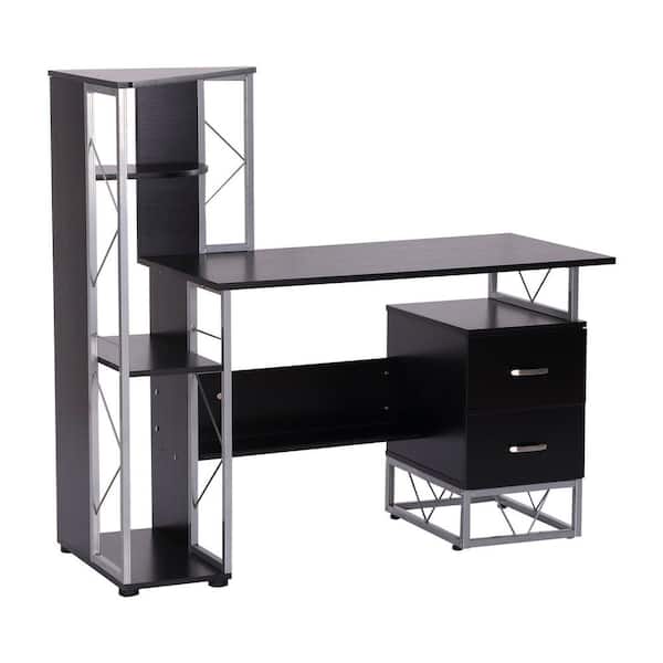 HOMCOM 52.25 in. Rectangular Black 2-Drawer Writing Computer Desk with Cabinet Space