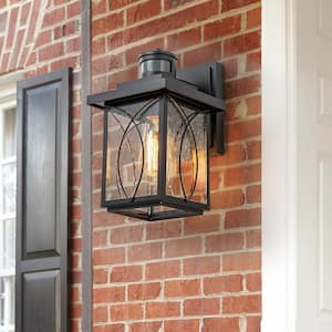 Douglas 1-Light Black Outdoor Motion Sensor Dusk to Dawn Wall Sconce with Seeded Glass