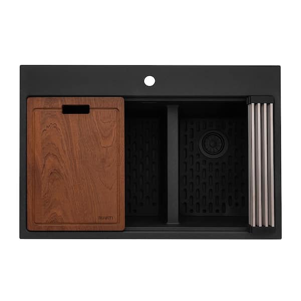 EpiRock 33 in. Drop-in Double Bowl Kitchen Sink in Charcoal Black Granite Quartz Composite with Accessories