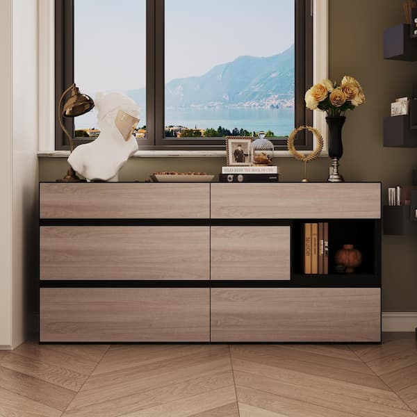 FUFU&GAGA Brown & Black 6 Drawers 63 in. Width Chest of Drawers, Dresser, Storage Cabinet, Sideboard with A Open Shelf