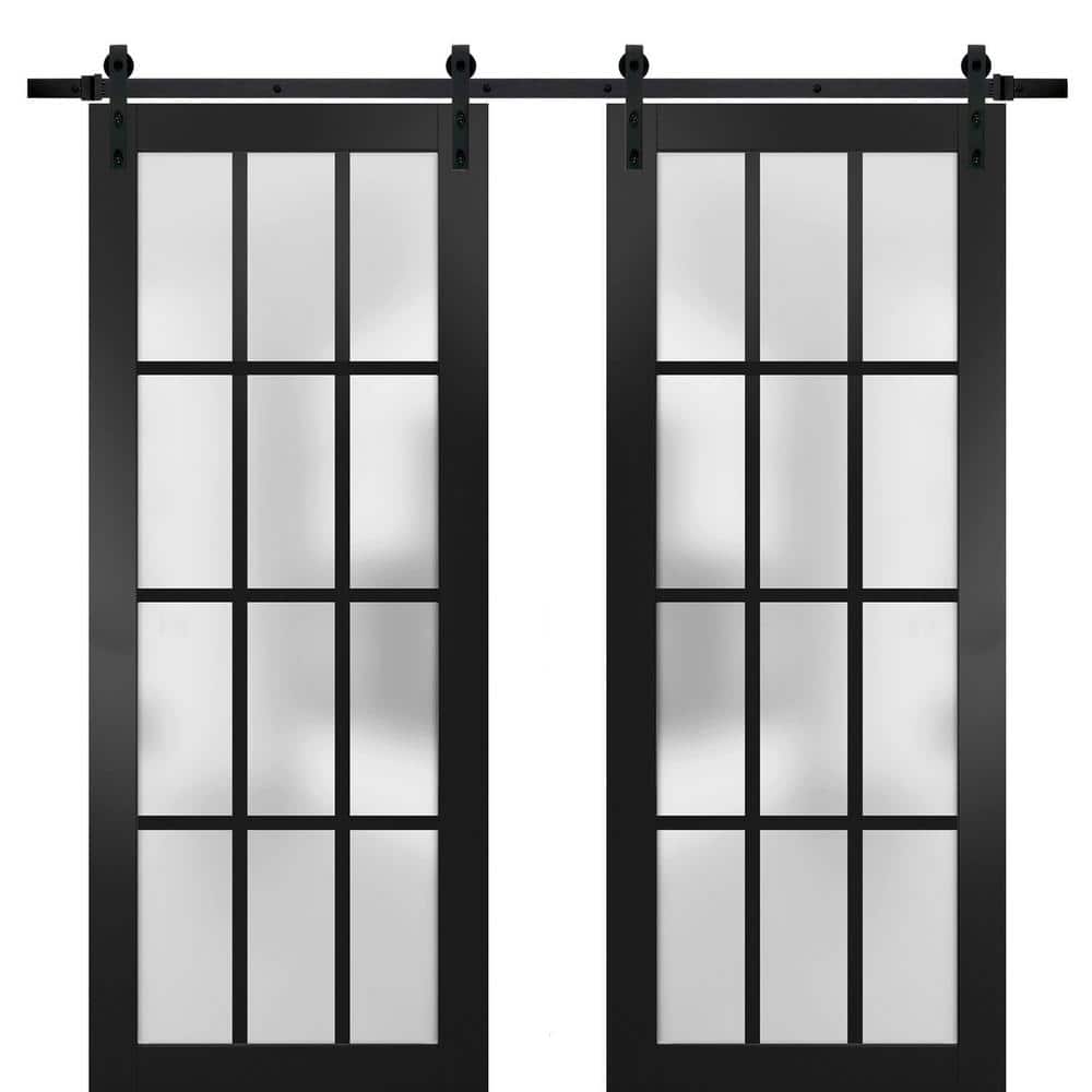 Assemble Required 42 in. x 80 in. 2-Panel Frosted Glass Black Matte Solid Wood Sliding Barn Door with Hardware Kit price history on PriceWatchPro