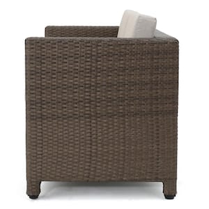 Puerta Brown Wicker Outdoor Patio Loveseat with Ceramic Gray Cushions