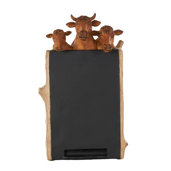 11 in. H Black Polystone Chalkboard Cow Decorative Sign with Brown Tree Trunk Frame