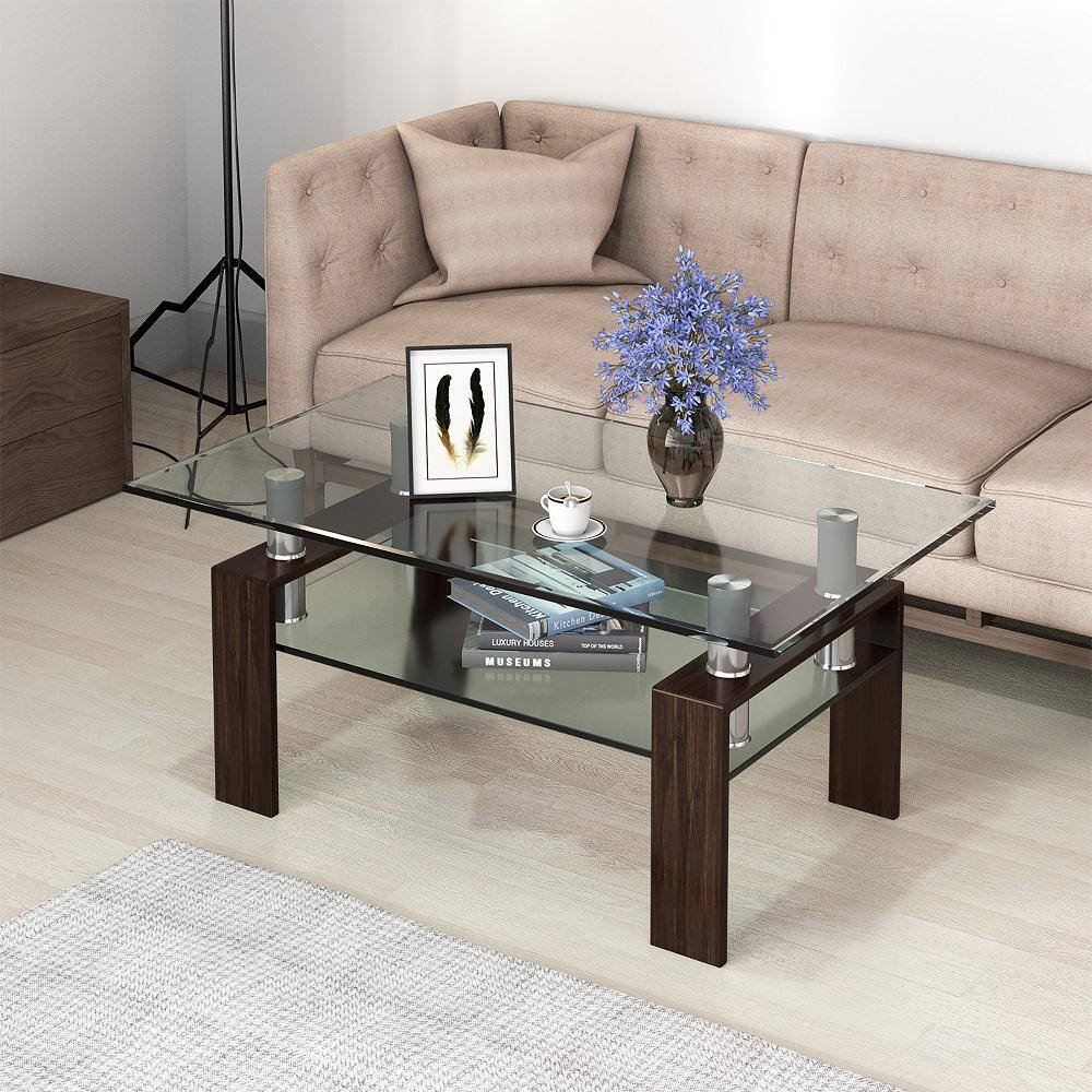 Rectangular Coffee Glass and Metal Coffee Table with Shelf