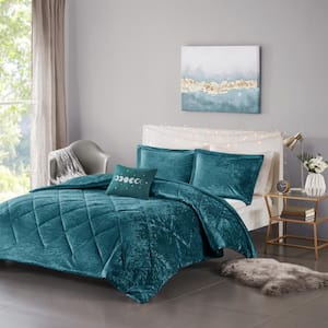 Isabel 4-Piece Teal Velvet Full/Queen Soft Velvet Lustrous Comforter Set with Throw Pillow