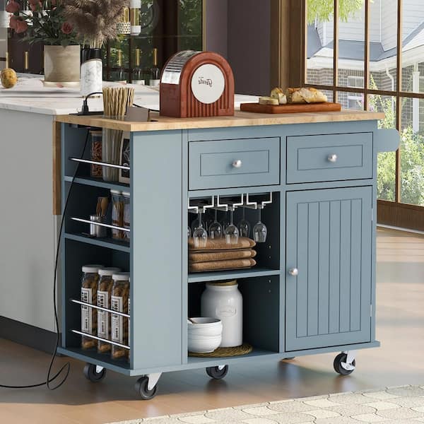 Ximuprmy Blue Wood 40 in. Kitchen Island with 3-Power Outlet, Drop Leaf, Adjustable Shelves and Wine Rack for Kitchen Room
