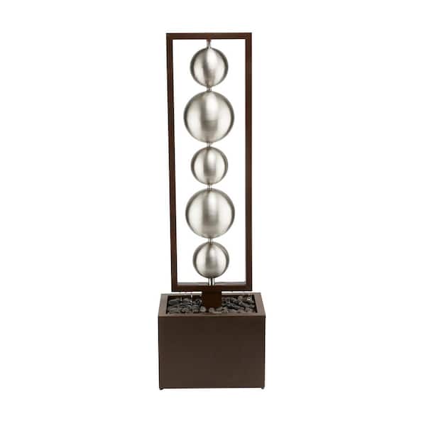 Alpine Corporation 55 in. Tall Outdoor Modern Column Waterfall Fountain with Stainless Steel Orbs, Silver