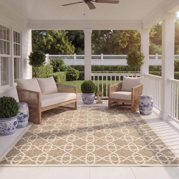 Courtyard Brown/Beige 8 ft. x 11 ft. Border Indoor/Outdoor Patio Area Rug