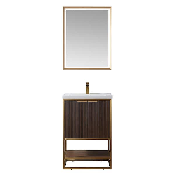 ROSWELL Donostia 24 in. W x 19.7 in. D x 34.6 in. H Single Sink Bath Vanity in Walnut with White Integrated Sink and Mirror