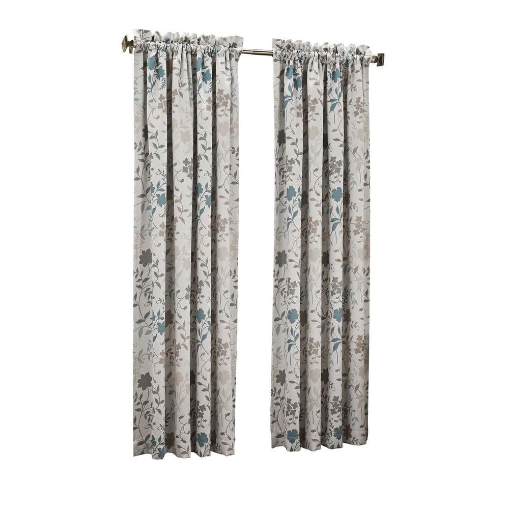 Gray Floral Print Room Darkening Rod Pocket Curtain Panel