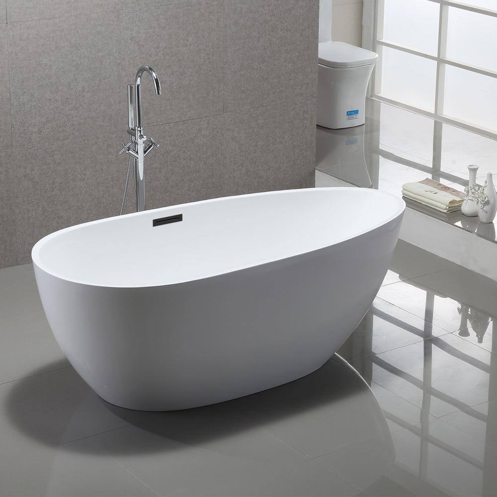White Acrylic Freestanding Soaking Bathtub with Matte Black Overflow