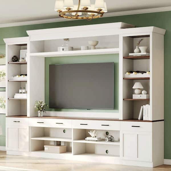 White TV Stand Fits TV's up to 70 in. with Bookshelf, Adjustable Shelves and Wine Rack