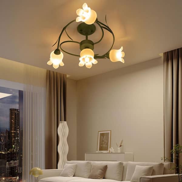 OUKANING 4-Light Green Modern Rounded Floral Semi-Flush Mount