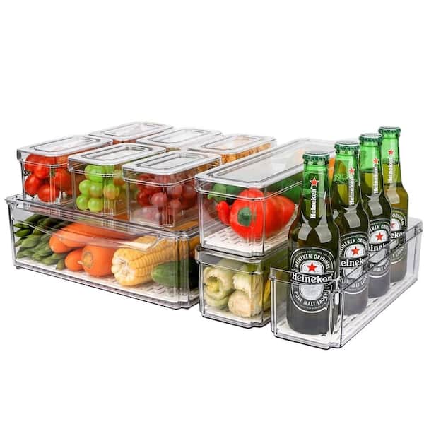 10-Pack Fridge Organizer Bins with Lids for Kitchen, Countertop, Cabinet, Fridge, Drinks, Fruits, Vegetable, Cereal