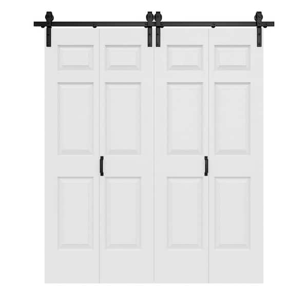 72 in. x 84 in. Paneled 6-Lite White Primed Hollow Core MDF Composite Bi-fold Door with Bifold Barn Door Hardware