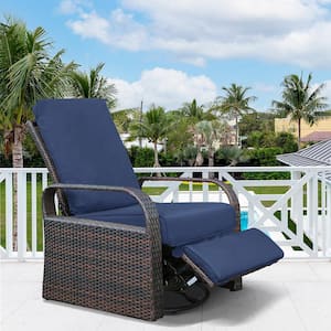 Wicker Outdoor Patio Rattan Swivel Recliner Chair, Adjustable Reclining Chair 360-Degree Rotating with Navy Cushions