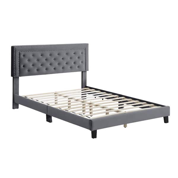 Morden Fort Gray Velvet Tufted Full Bed Frame with Upholstered Headboard No Box Spring Needed