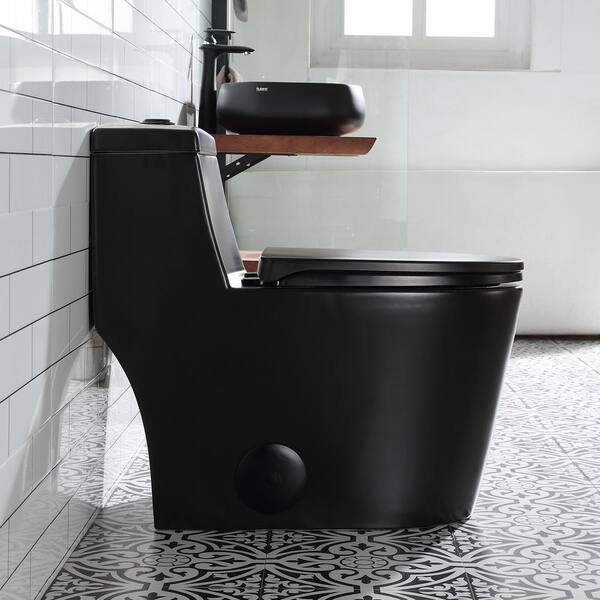 Dual-Flush Elongated One-Piece Black Toilet (Seat Included)