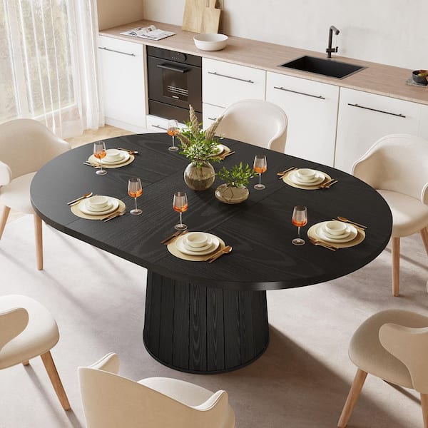 Roesler Farmhouse Black Wood 55 in. Pedestal Oval Dining Table Seats 6 for Kitchen, Dining Room
