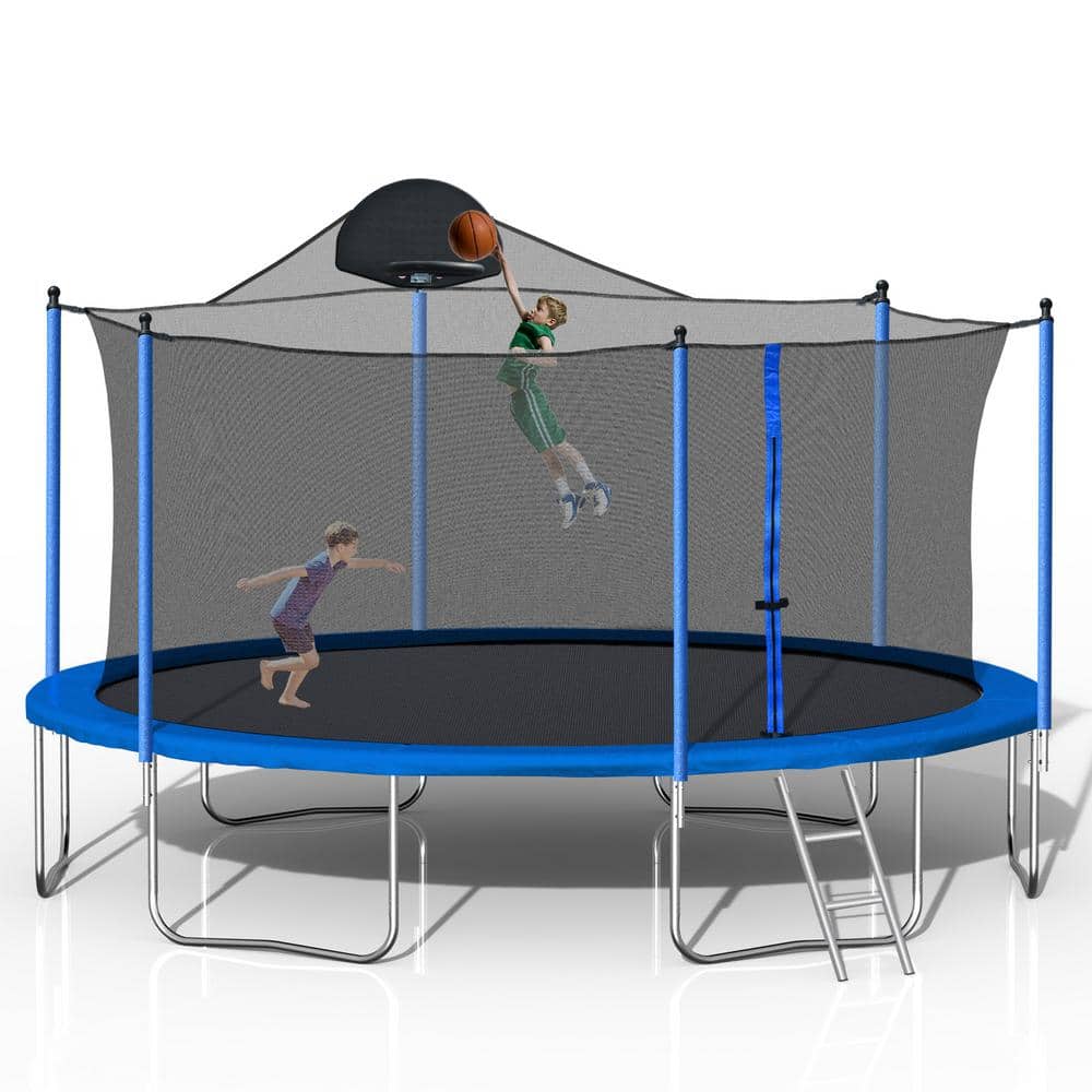 14 ft. Outdoor Round Blue Trampoline with Basketball Hoop