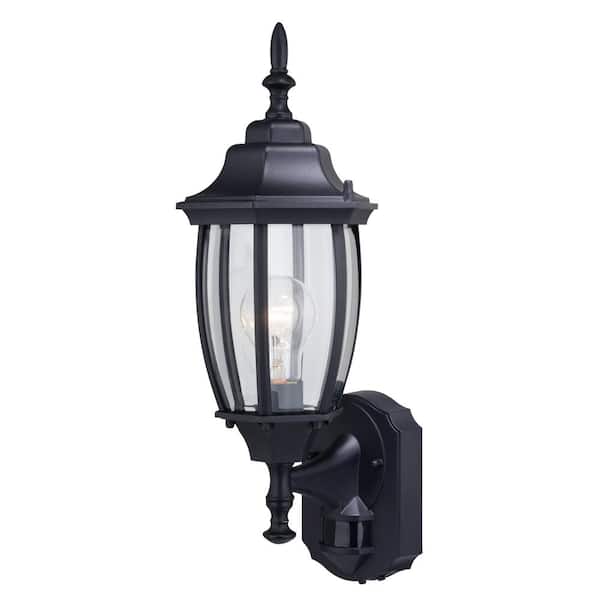 Rogers Park Aluminum 6.25 in. W 1-Light Black Motion Sensor Dusk to Dawn Outdoor Wall Lantern Clear Glass