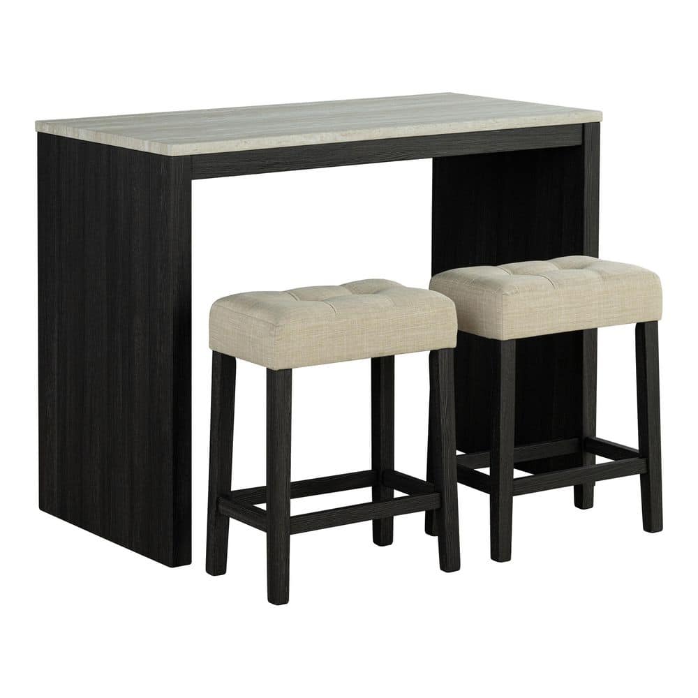 Tarr 3-Piece Rectangular Black Wood Top Dining Room Set with Biscuit-Tufted Seat (Seats 2)