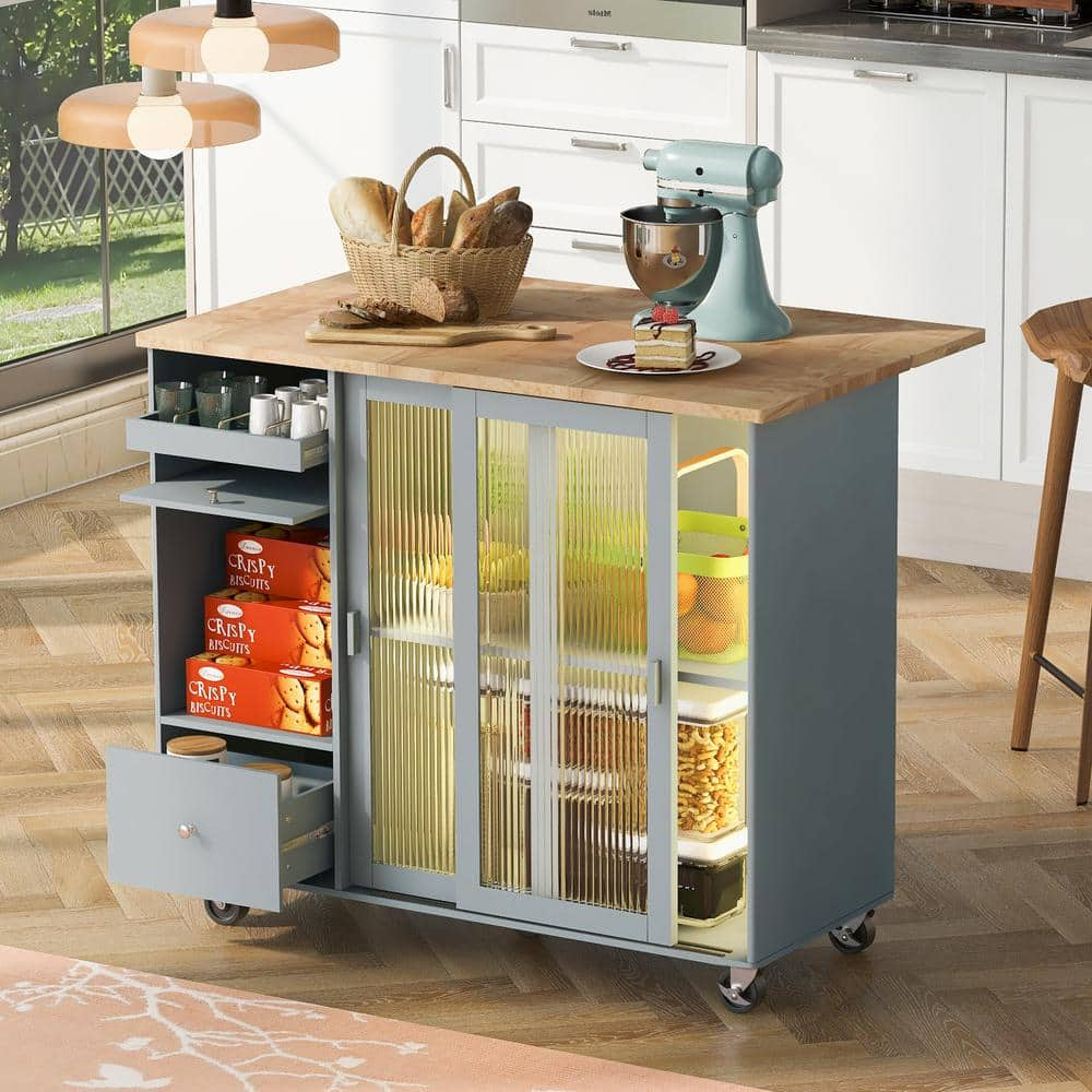 Harper & Bright Designs LED Light Gray Blue Kitchen Cart with Drop-Leaf Tabletop, 2-Fluted Glass Doors, Flip Cabinet Door. Iron Drawer Divider