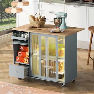 LED Light Gray Blue Kitchen Cart with Drop-Leaf Tabletop, 2-Fluted Glass Doors, Flip Cabinet Door. Iron Drawer Divider