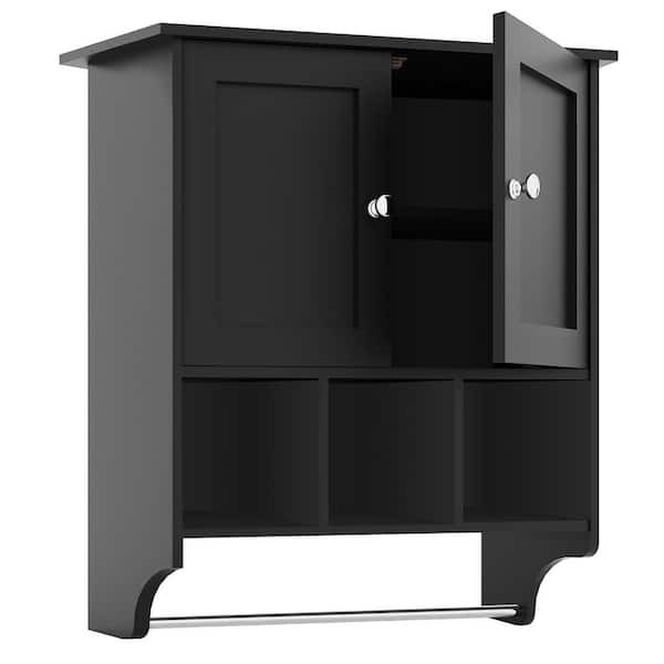 Modern 28 in. W x 24 in. D x 8 in. H Bathroom Storage Wall Cabinets with Towel Bar for Small apartment in Black