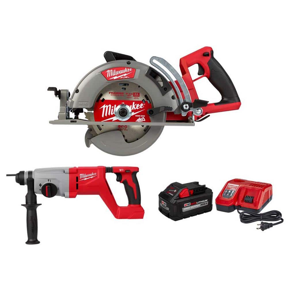 Milwaukee M18 FUEL 18V Lithium-Ion Cordless 7-1/4 in. Rear Handle Circ Saw w/1 in. SDS Plus Rotary Hammer & 8.0ah Starter Kit -  2830-20-2