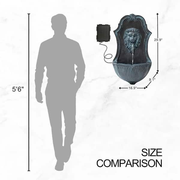 29.9 in. Solar-Powered Wall-Mounted Lion Head Waterfall Fountain, Resin, Outdoor, Gray