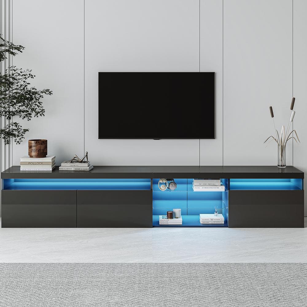 Black 94.5" TV Stand with LED Lights and Cabinets