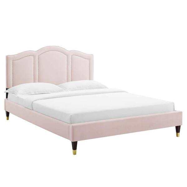 MODWAY Emerson Pink Performance Velvet Frame King Platform Bed with Stain-Resistant Performance Velvet
