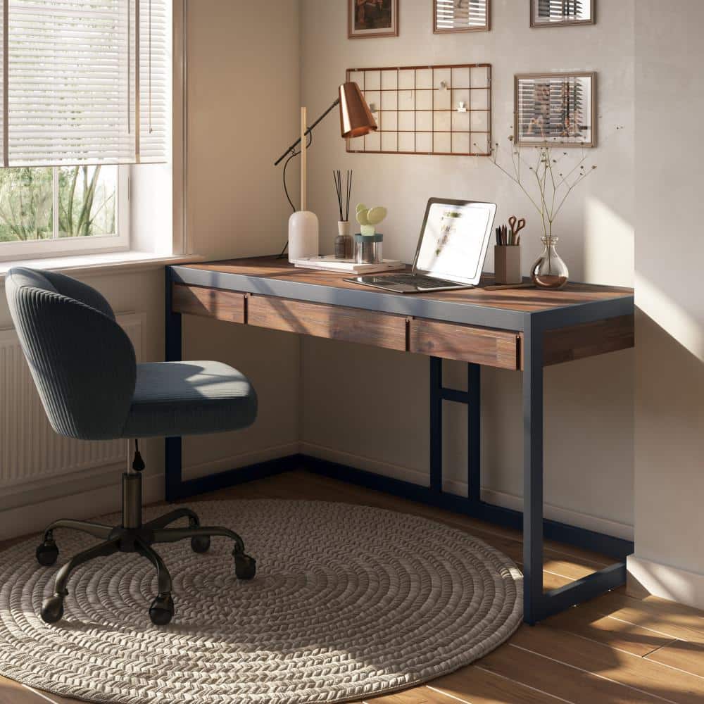 Distressed Charcoal Brown Acacia Wood Industrial Desk with Drawers