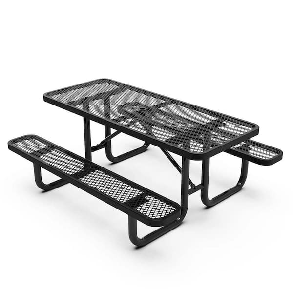 6 ft. Black Finish Rectangular Carbon Steel Picnic Table 6-Seatign Capacity with Umbrella Hole
